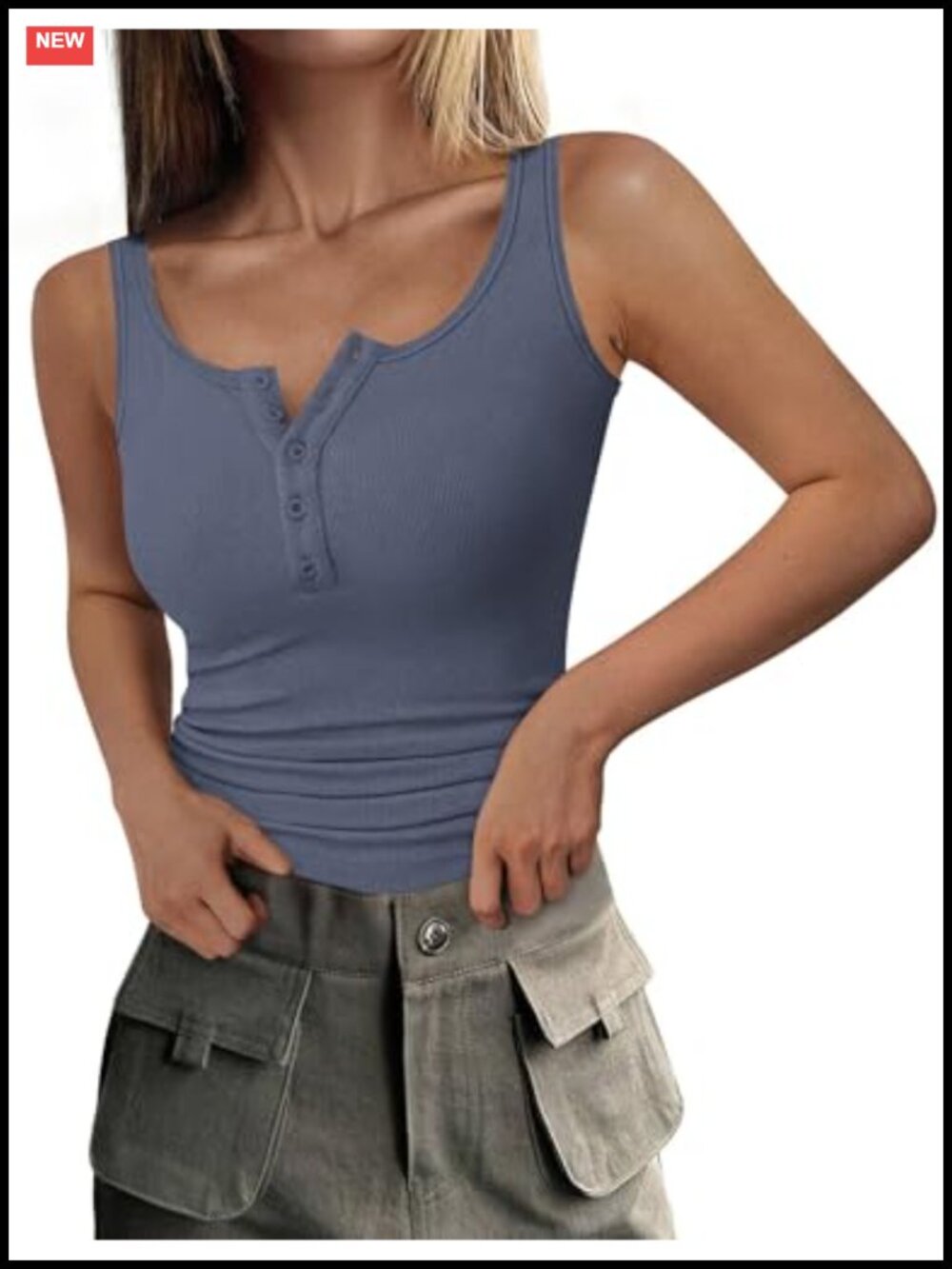 Womens Button Up Sleeveless Henley Tank Top Slim Fit Knit Summer Cami